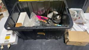 lot 19 image: Large Plastic Storage Bin with Assorted Items Including Emax Equipment and Cables