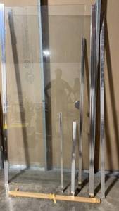 lot 93 image: Frameless Glass Shower Door with Chrome Handle and Support Panels
