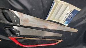 lot 107 image: Lot of 3 Hand Saws and 15-Piece Reciprocating Saw Blade Set