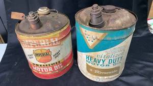 lot 140 image: Lot of 2 Vintage Motor Oil Cans - Riverside and Imperial Heavy Duty