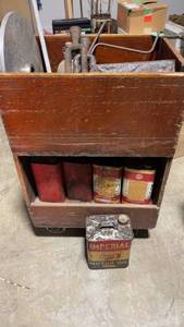 lot 142 image: Vintage Wooden Cart with Assorted Imperials Oil Cans (9) and Tools