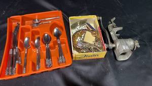 lot 148 image: Collection of Vintage Kitchen Utensils, Jewelry, and Manual meat Grinder