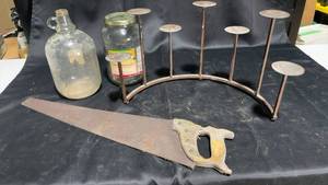 lot 163 image: Vintage Metal Candle Holder with Hand Saw and Glass Jar