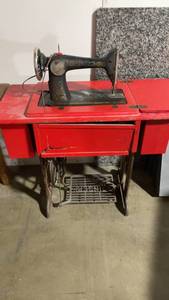 lot 166 image: Vintage Singer Sewing Machine on Red Table with Storage Drawers