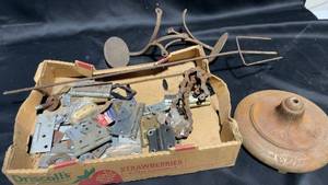 lot 184 image: Collection of Vintage Hardware Items including Hinges, Brackets, and Tools