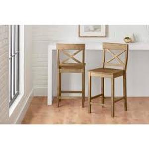 Lot of StyleWell 23.23 in. Cedarville Patina Oak Finish Counter Stools with Cross Back (Set of 2)   Customer Returns See Pictures