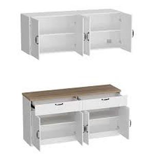 FUFU&GAGA White Wooden Sideboard, Storage Cabinet, with Wall Mounted Kitchen Cabinet( Two Parts )   Customer Returns See Pictures