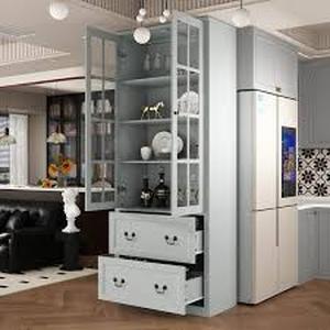 FUFU&GAGA Gray Wooden 31.5 in. W Buffet Pantry Cabinet Kitchen Cabinet with Adjustable Shelves and Tempered Glass Doors, Drawers    Customer Returns See Pictures