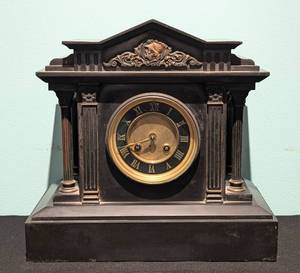 lot 128 image: Antique Black Slate Mantle Clock