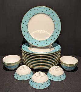 lot 118 image: J. Seignolles Confettis Teal and Gold Limoges Chargers and Bowls