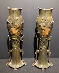 lot 9 image: Gorgeous Pair of Vintage Lesueur Art Nouveau Figural Bronze Vases