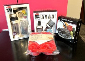 lot 221 image: New OWO Good Grips 8 piece Decorating Bottle Kit, Tortilla Press, Silicone Muffin Pans and OXO Cookie Press
