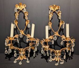 lot 35 image: Pair of Gilded Gold and Crystal Candle Wall Sconces