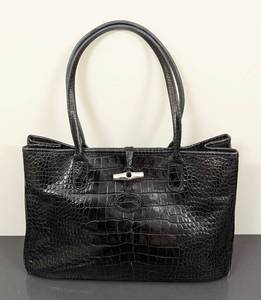 lot 41 image: Longchamp Crocodile Print Black Leather Handbag