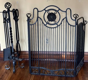 lot 235A image: Vintage Three Section Decorative Wrought Iron Folding Fire Screen and Tools