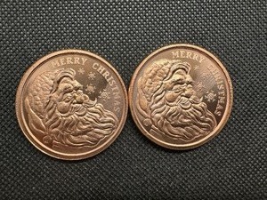 Two - One Ounce Copper Merry Christmas Rounds