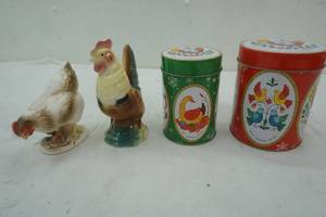 nesting Christmas tins and ceramic rooster chicken set