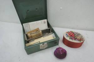 vintage tin box with memorabilia and vintage jewelry boxes