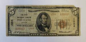 1929 US National Currency $5 Dollar Note 1553 National Bank of Portland