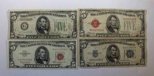 Lot of 4 $5 US NotesFederal Reserve NotesSilver Certificates