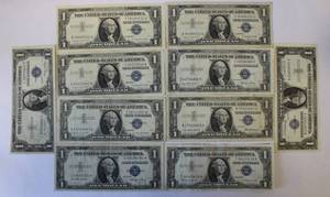 Lot of 10 US One Dollar Silver Certificates