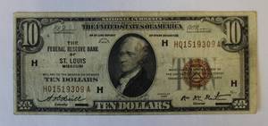 1929 US $10 Dollar National Currency St Louis