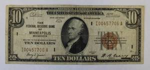 1929 US $10 Dollar National Currency Minneapolis