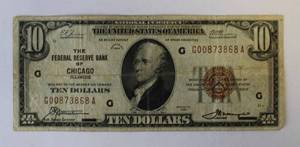 1929 US $10 Dollar National Currency Chicago