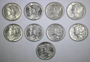 Lot of 9 1943 Mercury Dimes
