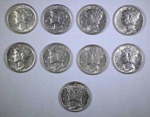 Lot of 9 1944 Mercury Dimes