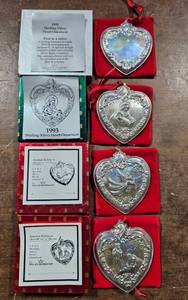 4-Wallace Silversmiths Sterling Silver Heart Ornaments 1992, 1993, 1994, & 1995