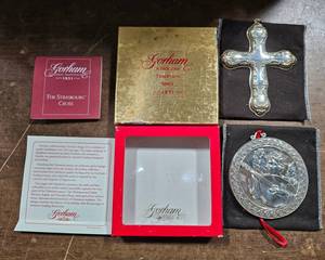 2-Gorham Sterling Silver Ornaments-1993 Angel With Mandolin, 1999 The Strasbourg Cross