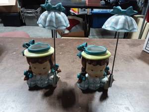Pair Of Vintage Napco Porcelain Girls With Parasols- Japan Marked Under Parasol Approx 8 Tall