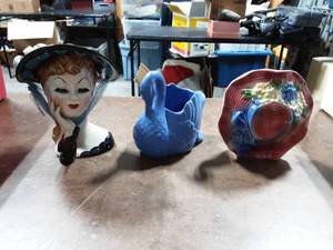 Vintage Lady Head Vase, Blue Swan Planter, Royal Copley Bonnet Wall Pocket Vase