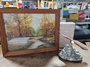 12x16 Original Oil Painting & Enesco Bald Eagle In Flight Revolving Music Box