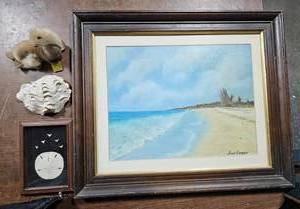 Framed Original Oil Painting Of Beach Scene 20x24, Framed Sand Dollar, Shell, Genuine Seal Skin Canada Souvenir