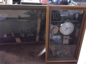 Shadow Box Clock Fishing Theme 8x15x4, Vintage Framed Photo 17x11