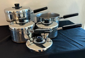 lot 53 image: Four Vintage Revereware Neptune Pots  Pans