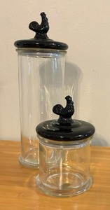 lot 96 image: Charming Chicken Motif Glass Canisters