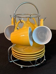lot 65A image: Yellow Cappuccino Cups, Saucers with Holder