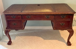 lot 57 image: Vintage Wooden Desk with Leather Inlaid Surface