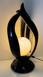 lot 1A image: Vintage MCM Black Ceramic Art Deco Flame Lamp