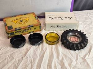 lot 49 image: Lot of 4 Vintage Ashtrays and Cigar Boxes Including Firestone Ashtray