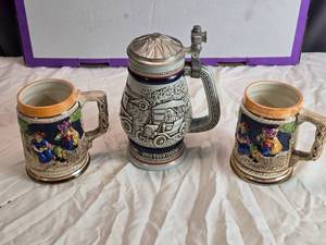 lot 50 image: Set of 3 Vintage Beer Mugs, One with 1911 Ford Model Design