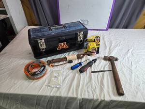 lot 110 image: Tools with Toolbox, Laser Level, Gorilla Tape and Accessories