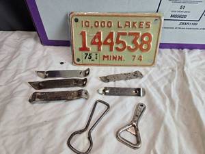 lot 111 image: Vintage 1974 Minnesota Motorcycle License Plate and Beer Openers Collection