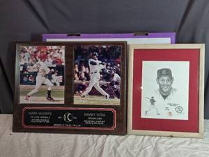 lot 130 image: Framed 1998 Baseball Memorabilia Featuring Mark McGwire and Sammy Sosa