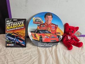 lot 158 image: Collection of NASCAR Memorabilia Bill Elliott Plate, Plush Toy, and DVD