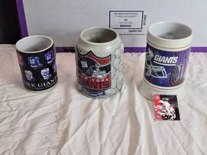 lot 163 image: Group of 3 New York Giants Beer Steins and NFC Champions Pin