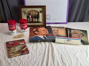 lot 169 image: Collection of Vintage Campbells Soup Cans, Decorative Bottles, and Presidential Portraits